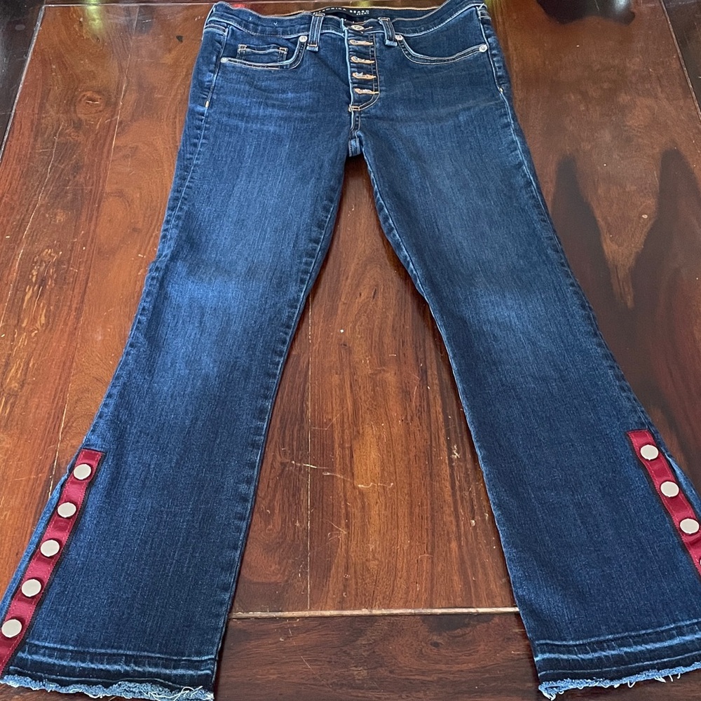 Veronica Beard Carolyn 10” Baby Boot Dark Blue Flare Jeans with Red Snap Trim